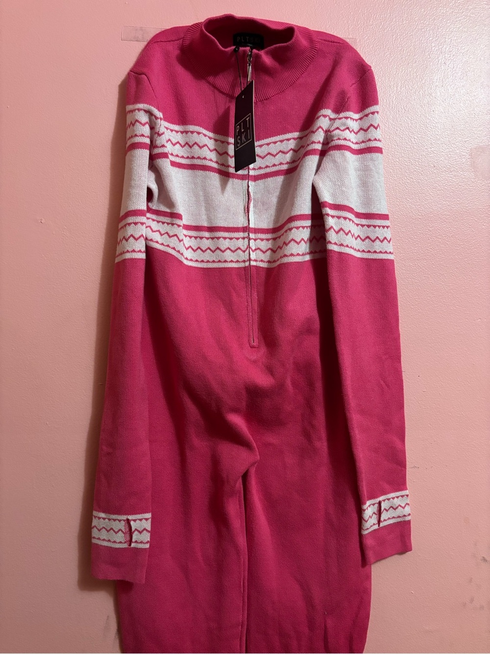 Cozy Pink & White Zip-Front ski Jumpsuit